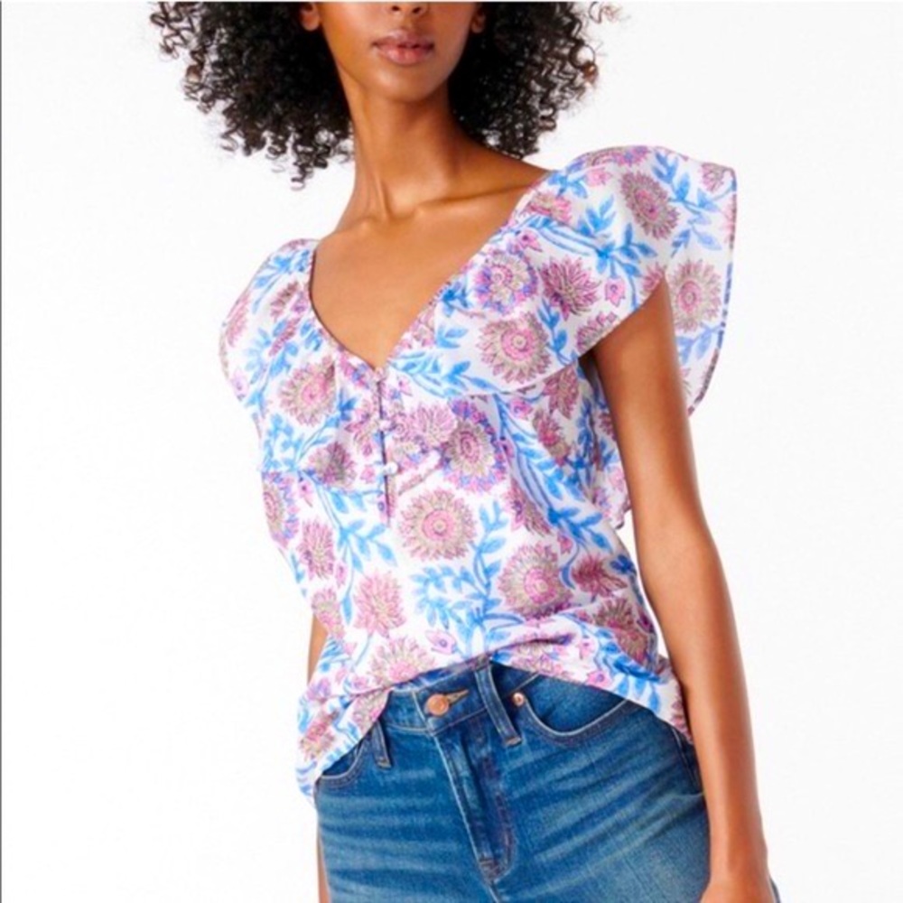 J.Crew Ruffle V-Neck Top Floral Vine Block Print